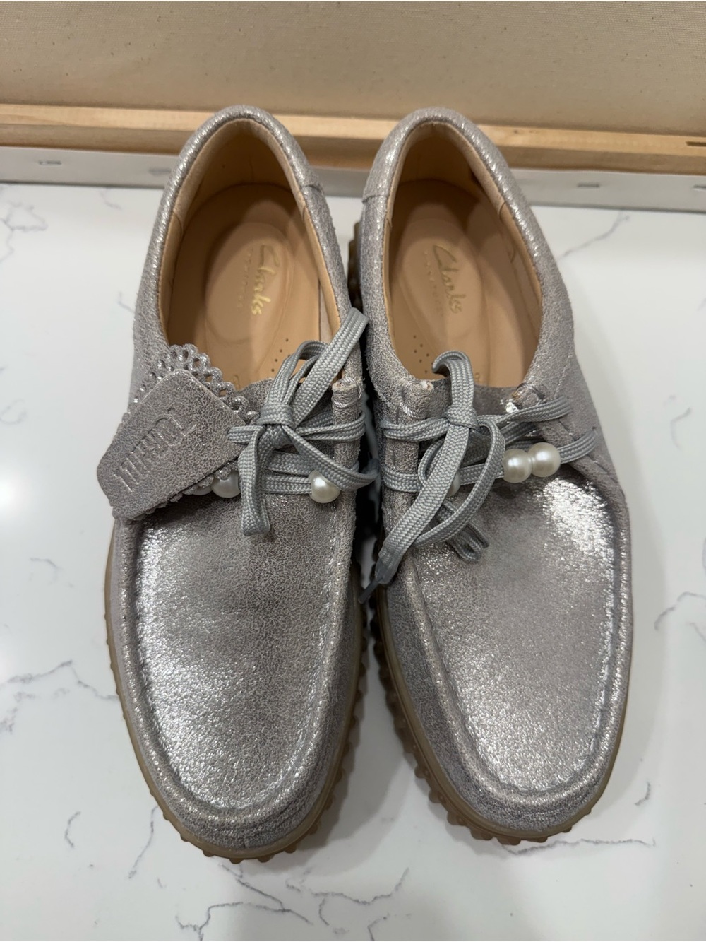 Clarks Silver Metallic Lace-Up Wallabee with Pearl Accents